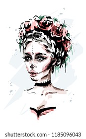 Hand drawn beautiful young woman with santa muerte makeup. Stylish halloween look. Fashion woman portrait. Sketch.