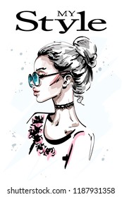 Hand drawn beautiful young woman profile. Stylish elegant blond hair girl in sunglasses. Fashion woman portrait. Sketch.