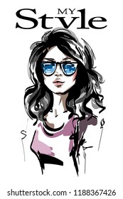 Hand drawn beautiful young woman in sunglasses. Stylish elegant girl with curly hair. Fashion woman portrait. Sketch.