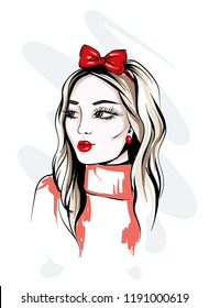 Hand drawn beautiful young woman portrait. Fashion woman with red bow on her head. Vector illustration.
