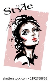 Hand drawn beautiful young woman. Stylish elegant girl. Fashion woman portrait. Sketch.