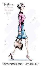 Hand drawn beautiful young woman with bag. Stylish elegant girl. Fashion woman walking. Sketch.