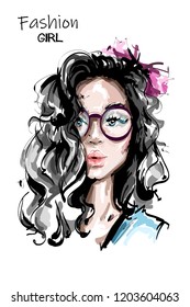 Hand drawn beautiful young woman with long hair. Stylish elegant girl with bow in hair. Fashion woman portrait. Sketch.