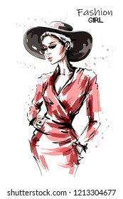 Hand drawn beautiful young woman in red dress. Stylish elegant girl in hat. Fashion woman portrait. Sketch.