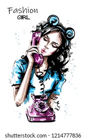 Hand drawn beautiful young woman holding handset of an old vintage style telephone. Stylish elegant girl with bear ears head accessory. Fashion woman portrait. Sketch.