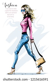 Hand drawn beautiful young woman with bag. Stylish elegant girl walking. Fashion woman in sunglasses. Sketch.