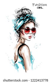 Hand drawn beautiful young woman with headband. Stylish elegant girl in sunglasses. Fashion woman portrait. Sketch.