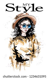 Hand drawn beautiful young woman in hat. Stylish elegant girl look. Fashion woman portrait. Sketch.