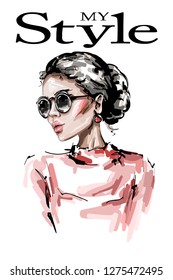 Hand drawn beautiful young woman in sunglasses. Stylish elegant girl. Fashion woman look. Sketch.