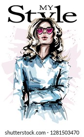 Hand drawn beautiful young woman in sunglasses. Stylish elegant girl with blonde hair. Fashion woman look. Sketch.