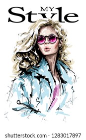 Hand drawn beautiful young woman with long blonde hair. Fashion lady. Stylish girl in sunglasses. Fashion woman look. Sketch.