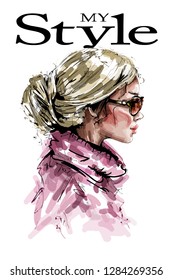 Hand drawn beautiful young woman profile. Fashion look. Stylish elegant blonde hair girl. Fashion woman. Sketch.