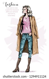 Hand drawn beautiful young woman in coat. Stylish elegant girl. Fashion woman look. Fashion winter outfit. Sketch.