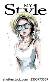 Hand drawn beautiful young woman in hat. Stylish blonde hair girl in sunglasses. Fashion woman look. Sketch.