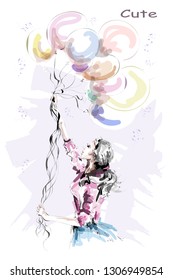 Hand drawn beautiful young woman holding colorful balloons. Stylish blonde hair girl. Fashion woman with balloons. Sketch.