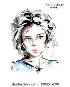 Hand drawn beautiful young woman face. Stylish girl. Fashion woman look. Sketch.
