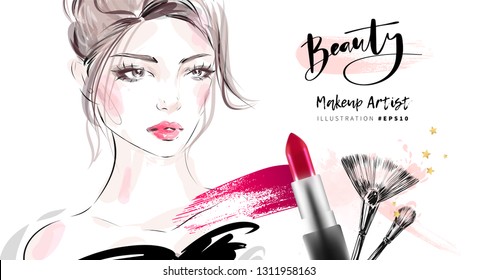 Hand Drawn Beautiful Young Woman Face Makeup With Smudged Red Lipstick And Brushes Vector Fashion Illustration For Cosmetic Sale Banner Background Design, Makeup Artist Business Card Template.