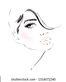 Hand Drawn Beautiful Young Woman Face Makeup Portrait. Fashion Girl Model Illustration. Black And White Sketch.