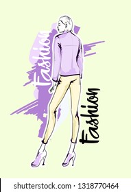 Hand drawn beautiful young woman. Stylish girl. Fashion woman sketch. Fashion model girl.