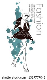 Hand drawn beautiful young woman. Stylish girl. Fashion woman sketch. Fashion model girl.