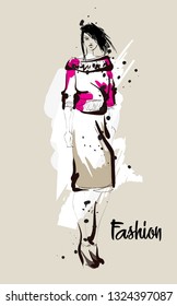 Hand drawn beautiful young woman. Stylish girl. Fashion woman sketch. Fashion model girl.