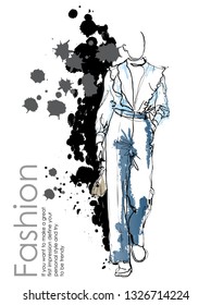 Hand drawn beautiful young woman. Stylish girl. Fashion woman sketch. Fashion model girl.