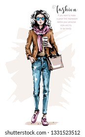 Hand drawn beautiful young woman with bag. Stylish girl in casual clothing. Fashion woman look. Female outfit. Sketch.