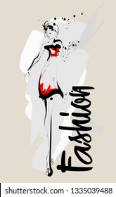Hand drawn beautiful young woman. Stylish girl. Fashion woman sketch. Fashion model girl.