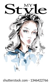 Hand drawn beautiful young woman with long hair. Stylish girl. Fashion woman look. Sketch.