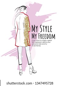 Hand drawn beautiful young woman. Stylish girl. Fashion woman sketch. Fashion model girl.