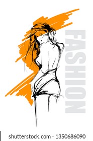 Hand drawn beautiful young woman. Stylish girl. Fashion woman sketch. Fashion model girl.