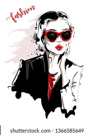 Hand drawn beautiful young woman in sunglasses. Stylish girl. Fashion woman look. Sketch. Vector illustration.