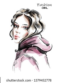 Hand drawn beautiful young woman. Stylish girl. Fashion woman look. Sketch. Vector illustration.