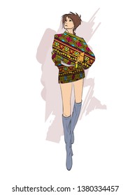 Hand drawn beautiful young woman. Stylish girl. Fashion woman sketch. Fashion model girl.