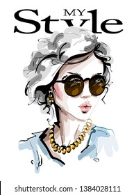 Hand drawn beautiful young woman in sunglasses. Stylish elegant girl. Fashion woman look. Sketch. Vector illustration.