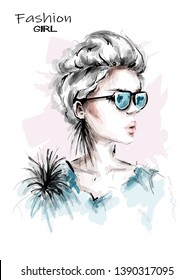 Hand drawn beautiful young woman in sunglasses. Stylish girl with short blonde hair. Fashion woman look. Sketch. Vector illustration.