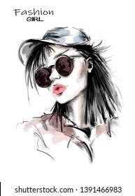 Hand drawn beautiful young woman in cap. Stylish girl in sunglasses. Fashion woman look. Sketch. Vector illustration.