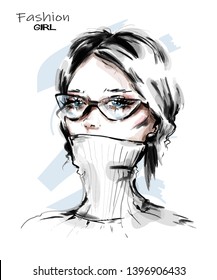 Hand drawn beautiful young woman in eyeglasses. Stylish elegant girl. Fashion woman look. Sketch. Vector illustration.