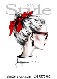 Hand drawn beautiful young woman with red headband. Female profile. Stylish girl in sunglasses. Fashion woman look. Red bow in blonde hair. Sketch. Vector illustration.