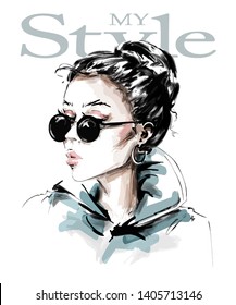 Hand drawn beautiful young woman in sunglasses. Stylish girl. Fashion woman look. Sketch. Vector illustration.