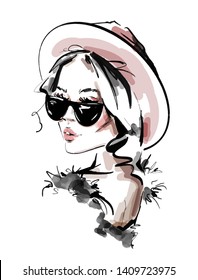 Hand drawn beautiful young woman in sunglasses  Stylish elegant girl  Fashion woman look  Sketch  Vector illustration 