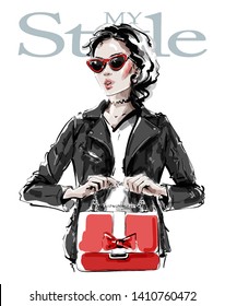 Hand drawn beautiful young woman in black leather jacket. Stylish elegant girl with red bag. Fashion woman look. Sketch. Vector illustration.