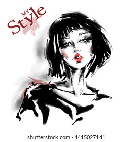 Hand drawn beautiful young woman with short haircut. Stylish girl. Fashion woman look. Sketch. Vector illustration.