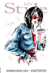 Hand drawn beautiful young woman holding plastic coffee cup with straw. Stylish girl in red sunglasses. Fashion woman look. Sketch. Vector illustration.