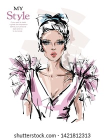 Hand drawn beautiful young woman with bow in her hair. Stylish elegant girl. Fashion woman look. Sketch. Vector illustration.