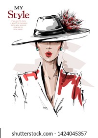 Hand drawn beautiful young woman in hat with feathers. Stylish elegant girl. Fashion woman look. Sketch. Vector illustration. 