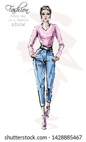 Hand drawn beautiful young woman in fashion clothes. Stylish girl walking. Fashion woman look. Sketch. Vector illustration.