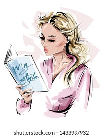 Hand drawn beautiful young woman holding a book. Stylish blonde hair girl reading a book. Fashion woman look. Sketch. Vector illustration.