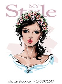 Hand drawn beautiful young woman with flower wreath on her head. Stylish girl. Fashion woman look. Sketch. Vector illustration. - Shutterstock ID 1435971647