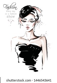 Hand drawn beautiful young woman in black hat. Stylish girl. Fashion woman look. Sketch. Vector illustration.